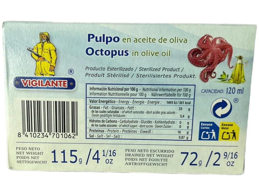 Spanish Octopus in Olive OilSpanish Octopus in Olive Oil Spanish octopus in olive oil by Vigilante 115g